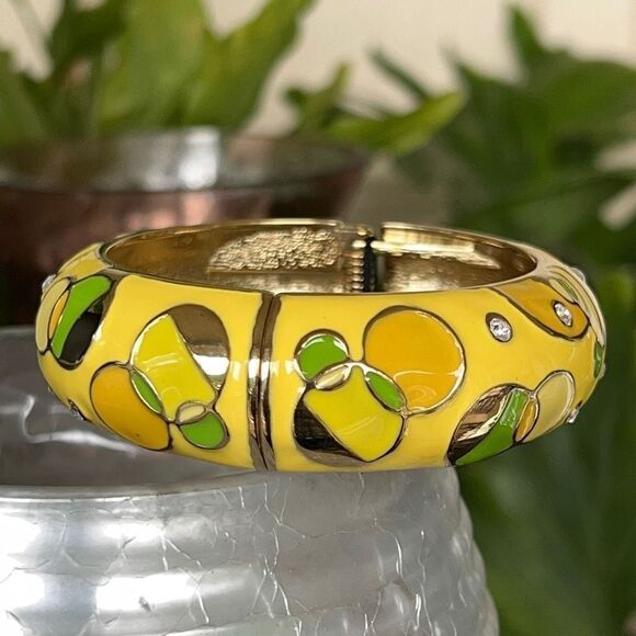 Yellow & Green  Enamel Geometric Pattern Accented with Clear Crystals in Gold Hi - Picture 4 of 11